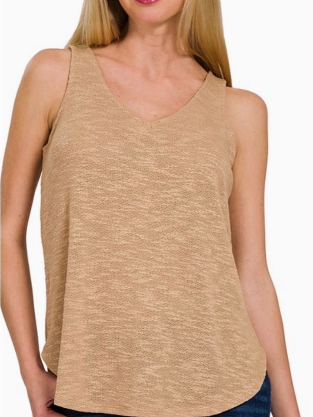 Zenana Outfitters Hacci Textured V-Neck Tank Top - Beige